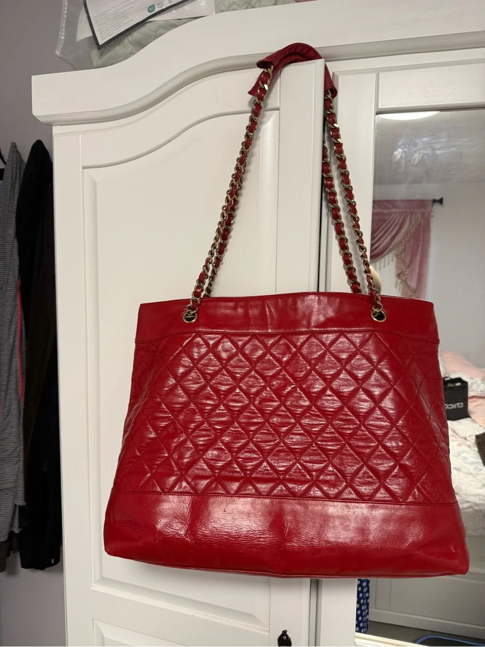 CHANEL Red Quilted Leather Chain-Handle Tote